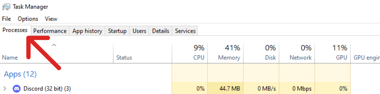 Task Manager Processes Section